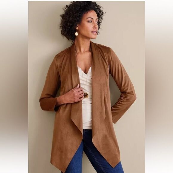 SOFT SURROUNDINGSShape Drape Suede Jacket cardigan  in Saddle Size large - Picture 1 of 9